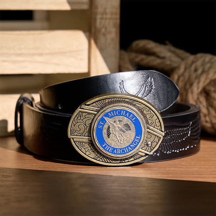 St. Michael Archangel DIY Hidden Folding Knife Bronze Buckle Leather Belt - Archangel - Black Embossed Eagle Belt - 42 - image 2
