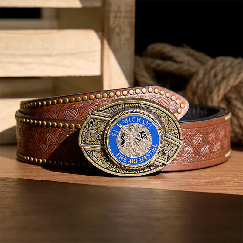 St. Michael Archangel DIY Hidden Folding Knife Bronze Buckle Leather Belt - Archangel - Brown Rivet Belt - 42 - image 4
