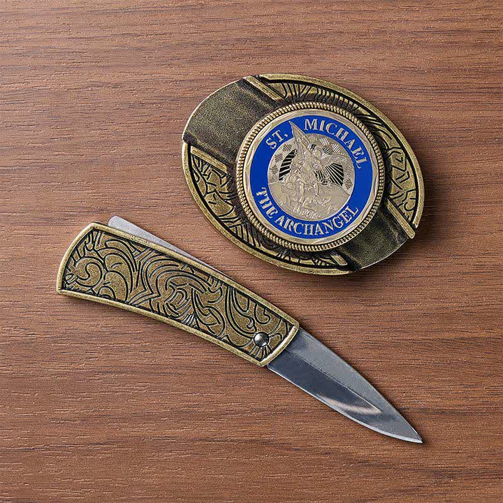 St. Michael Archangel DIY Hidden Folding Knife Bronze Buckle Leather Belt - image 1