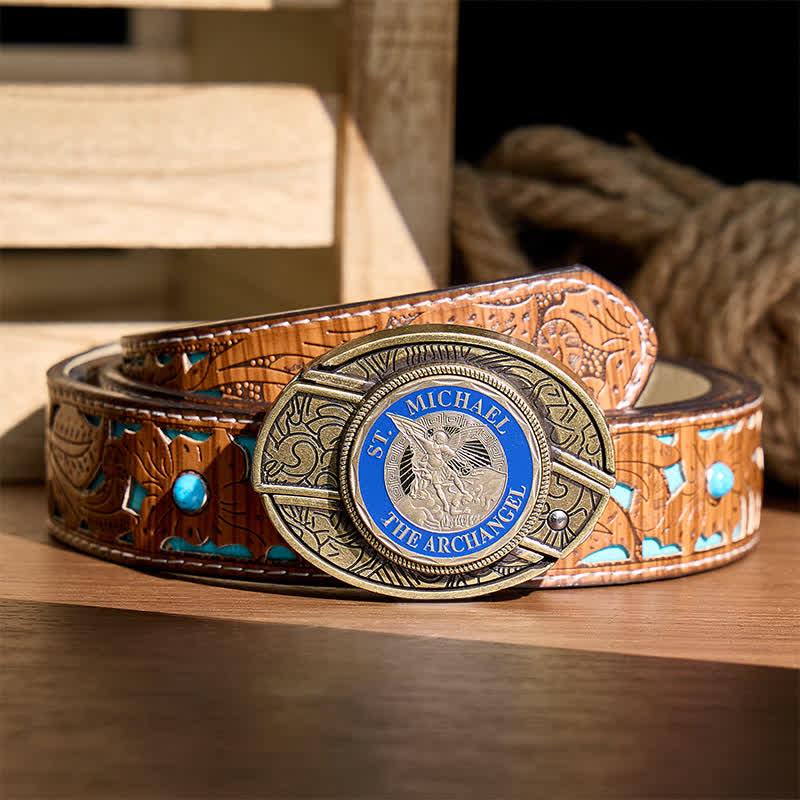 St. Michael Archangel DIY Hidden Folding Knife Bronze Buckle Leather Belt - Archangel - Turquoise Carved Belt - 42 - image 3