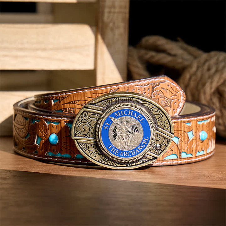 St. Michael Archangel DIY Hidden Folding Knife Bronze Buckle Leather Belt - Archangel - Turquoise Carved Belt - 42 - image 3