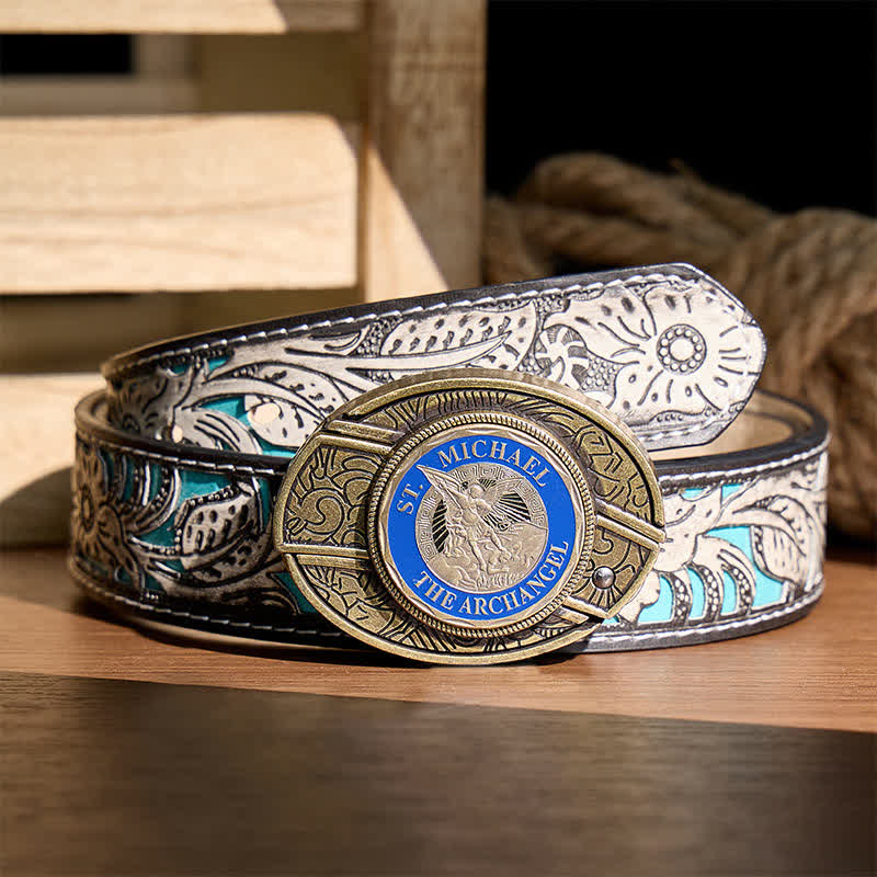 St. Michael Archangel DIY Hidden Folding Knife Bronze Buckle Leather Belt - Archangel - Gray Floral Belt - 42 - image 8