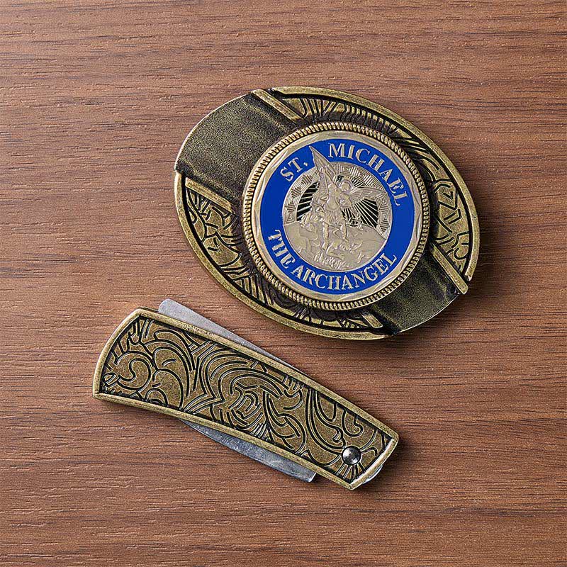 St. Michael Archangel DIY Hidden Folding Knife Bronze Buckle Leather Belt - image 10