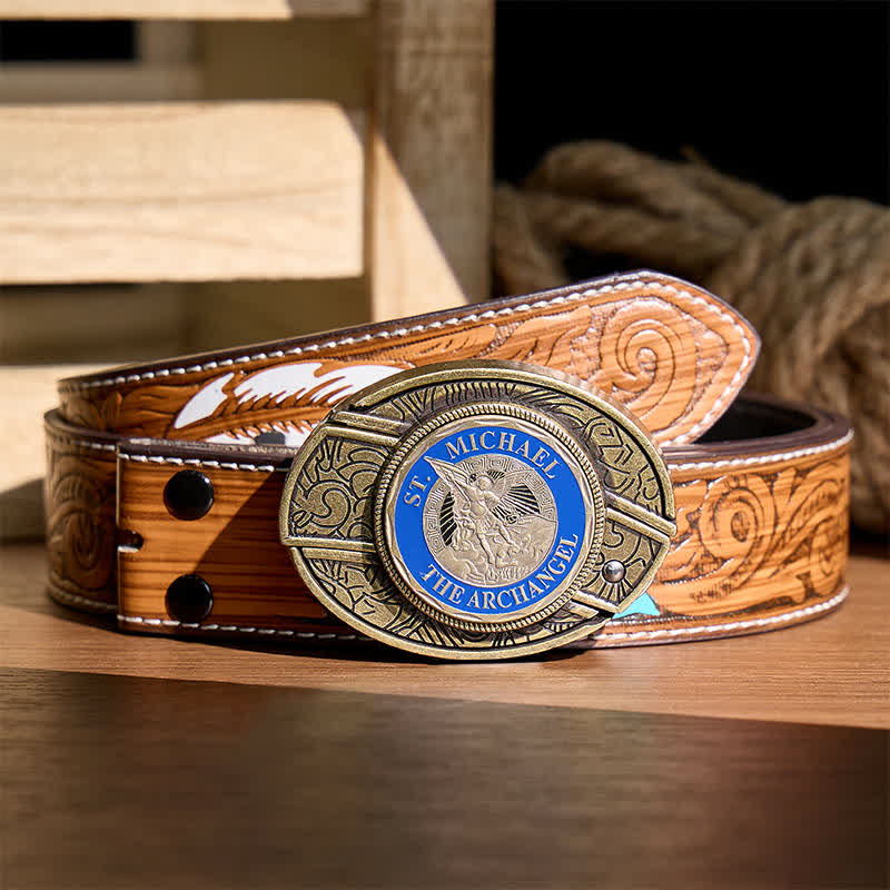 St. Michael Archangel DIY Hidden Folding Knife Bronze Buckle Leather Belt - Archangel - Brown Feather Belt - 40 - image 7