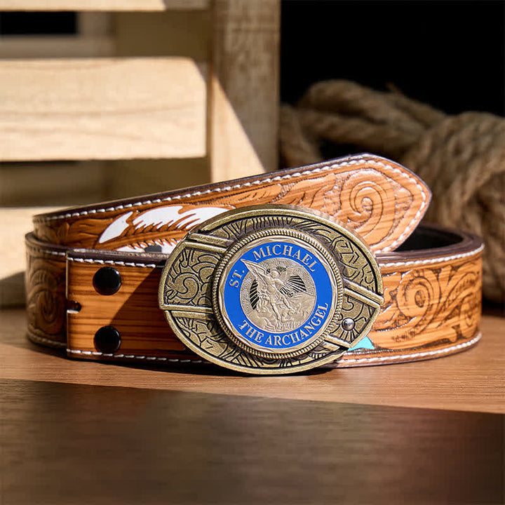 St. Michael Archangel DIY Hidden Folding Knife Bronze Buckle Leather Belt - Archangel - Brown Feather Belt - 40 - image 7
