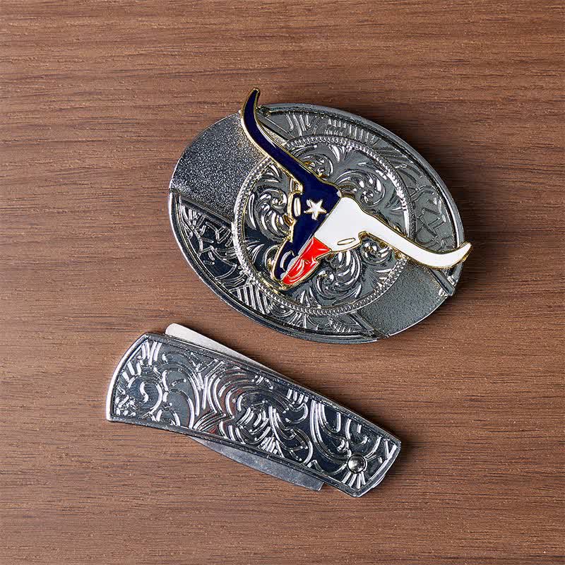 Texas State Flag Longhorn DIY Hidden Folding Knife Buckle Leather Belt - image 9