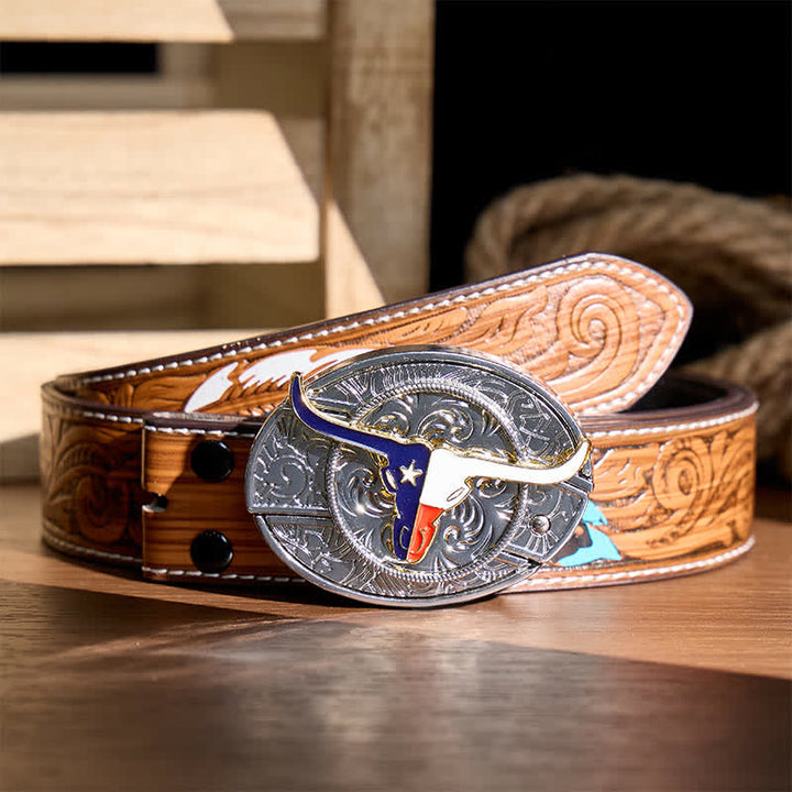 Texas State Flag Longhorn DIY Hidden Folding Knife Buckle Leather Belt - Longhorn & Flag - Brown Feather Belt - 40 - image 7