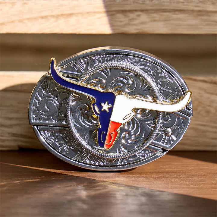 Texas State Flag Longhorn DIY Hidden Folding Knife Buckle Leather Belt - Longhorn & Flag - Without Belt - Not Included Belt - image 0