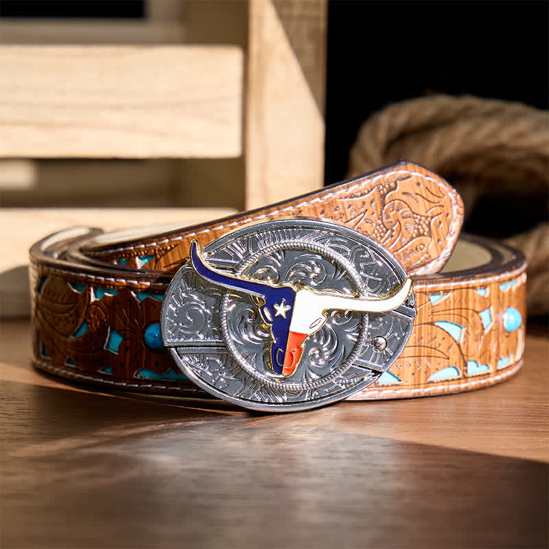 Texas State Flag Longhorn DIY Hidden Folding Knife Buckle Leather Belt - Longhorn & Flag - Turquoise Carved Belt - 42 - image 3