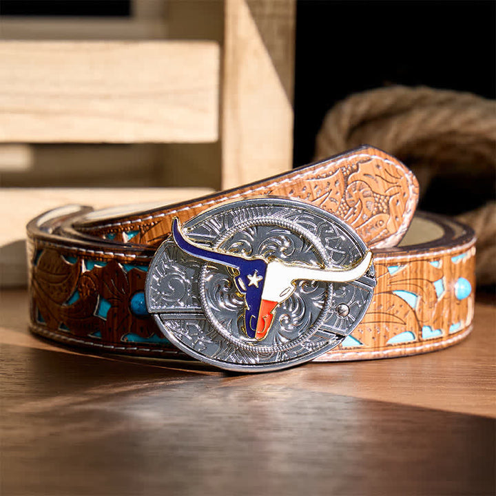 Texas State Flag Longhorn DIY Hidden Folding Knife Buckle Leather Belt - Longhorn & Flag - Turquoise Carved Belt - 42 - image 3