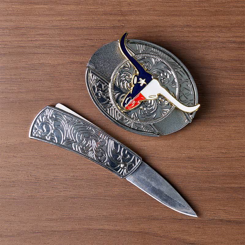 Texas State Flag Longhorn DIY Hidden Folding Knife Buckle Leather Belt - image 1