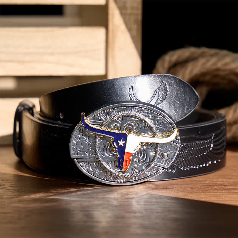 Texas State Flag Longhorn DIY Hidden Folding Knife Buckle Leather Belt - Longhorn & Flag - Black Embossed Eagle Belt - 42 - image 2