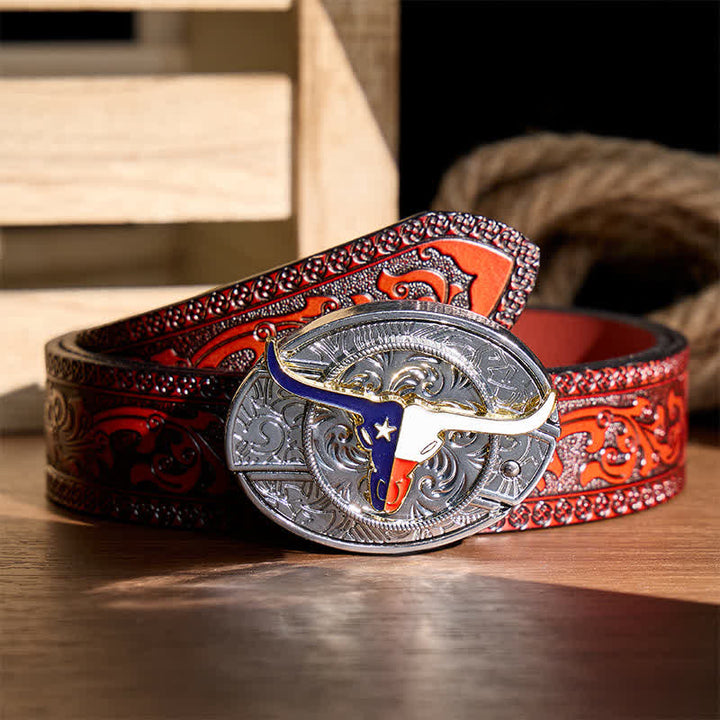 Texas State Flag Longhorn DIY Hidden Folding Knife Buckle Leather Belt - Longhorn & Flag - Brown Carved Belt - 42 - image 6