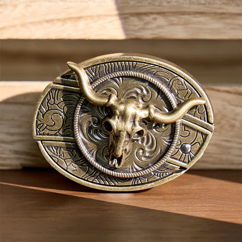Rustic West Longhorn DIY Hidden Folding Knife Buckle Leather Belt - Bronze Longhorn - Without Belt - Not Included Belt - image 0