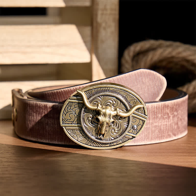 Rustic West Longhorn DIY Hidden Folding Knife Buckle Leather Belt - Bronze Longhorn - Brown Distressed Belt - 42 - image 3