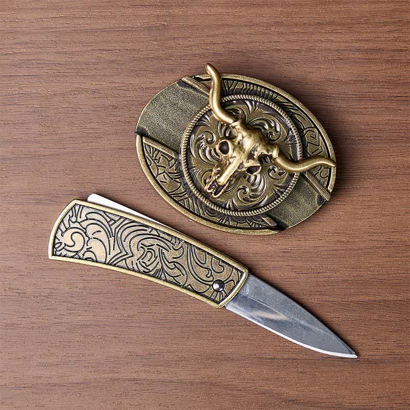 Rustic West Longhorn DIY Hidden Folding Knife Buckle Leather Belt - image 1