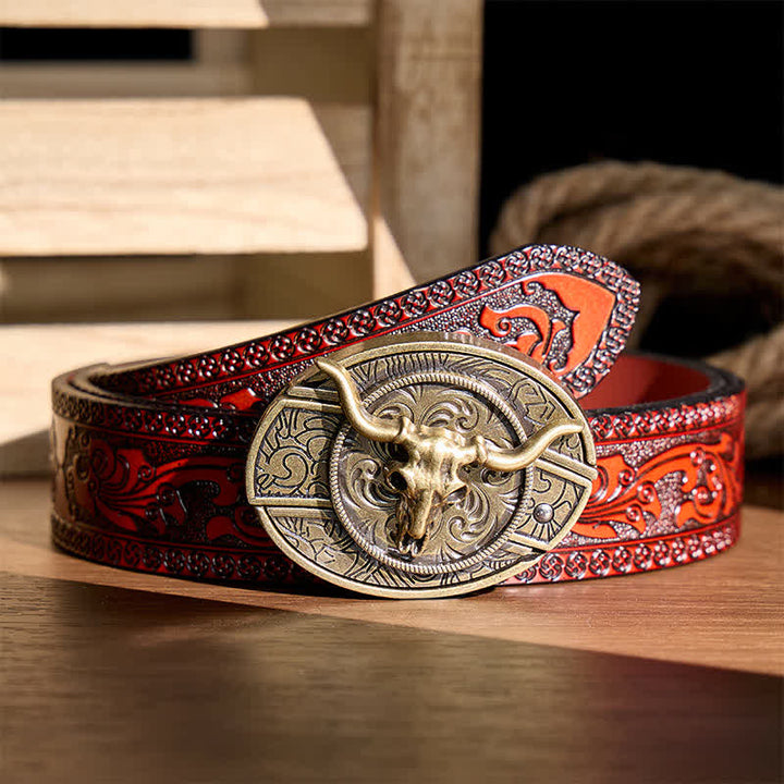 Rustic West Longhorn DIY Hidden Folding Knife Buckle Leather Belt - Bronze Longhorn - Brown Carved Belt - 42 - image 5