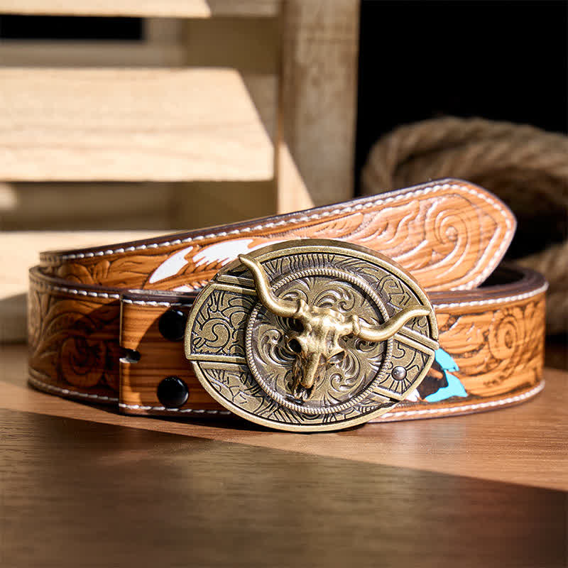 Rustic West Longhorn DIY Hidden Folding Knife Buckle Leather Belt - Bronze Longhorn - Brown Feather Belt - 40 - image 6