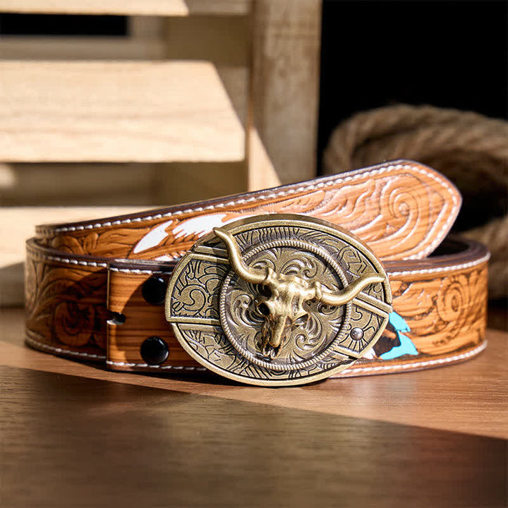 Rustic West Longhorn DIY Hidden Folding Knife Buckle Leather Belt - Bronze Longhorn - Brown Feather Belt - 40 - image 6
