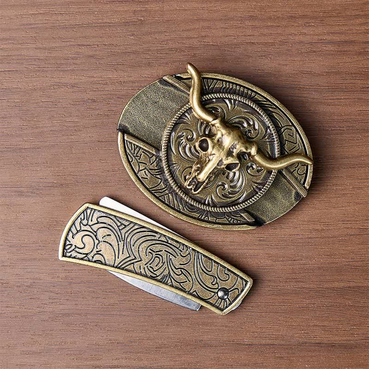 Rustic West Longhorn DIY Hidden Folding Knife Buckle Leather Belt - image 8