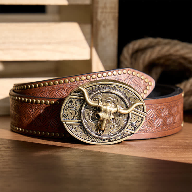 Rustic West Longhorn DIY Hidden Folding Knife Buckle Leather Belt - Bronze Longhorn - Brown Rivet Belt - 42 - image 4