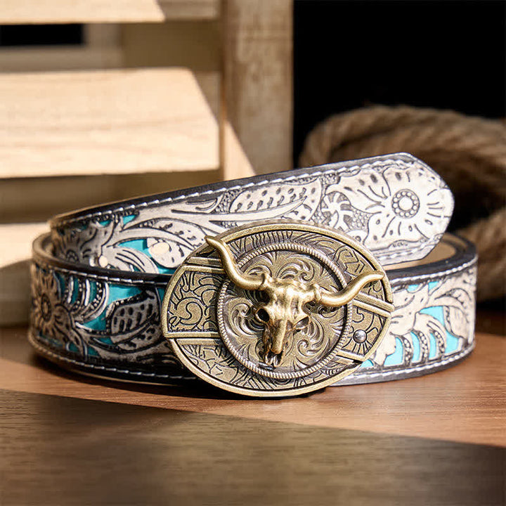 Rustic West Longhorn DIY Hidden Folding Knife Buckle Leather Belt - Bronze Longhorn - Gray Floral Belt - 42 - image 7