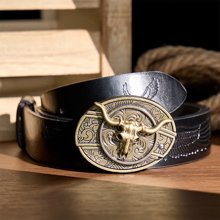 Rustic West Longhorn DIY Hidden Folding Knife Buckle Leather Belt - Bronze Longhorn - Black Embossed Eagle Belt - 42 - image 2