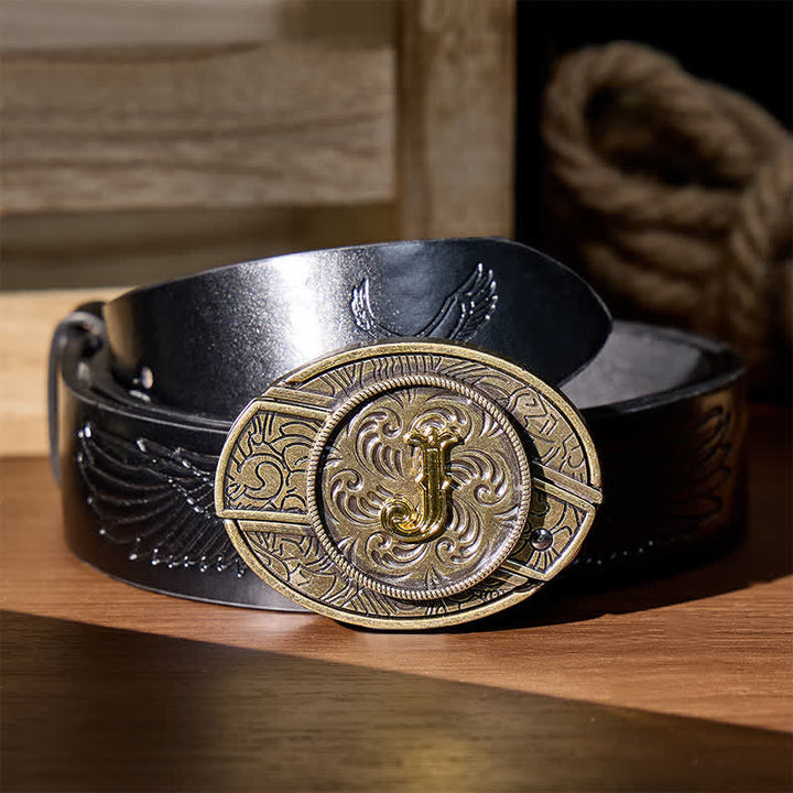 Antique Bronze Initial Letter DIY Hidden Knife Buckle Leather Belt - J - Black PU Leather Belt (40) - image 2