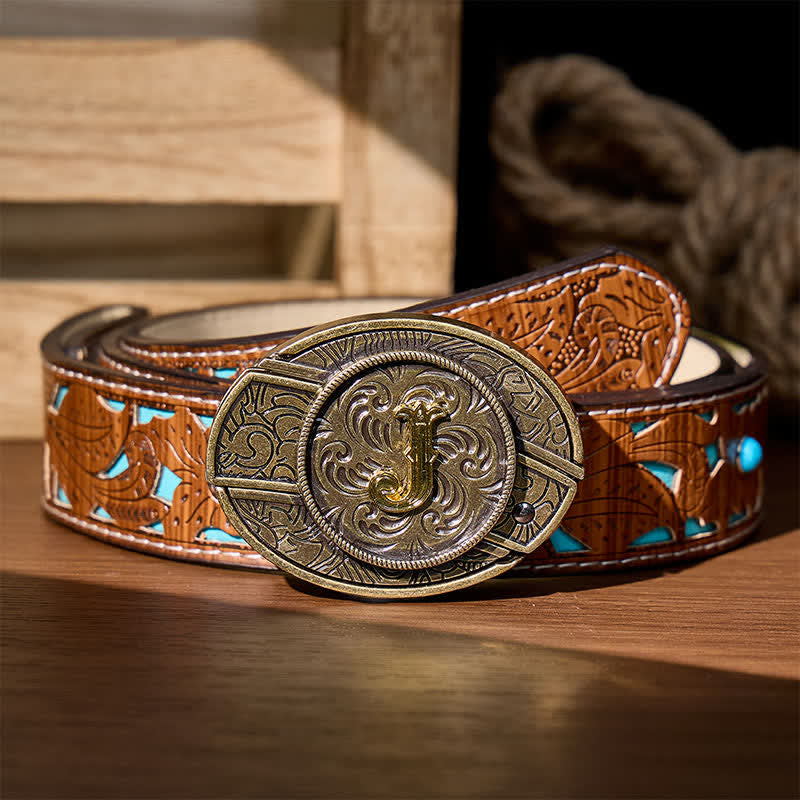 Antique Bronze Initial Letter DIY Hidden Knife Buckle Leather Belt - J - Turquoise Carved Belt (40) - image 3