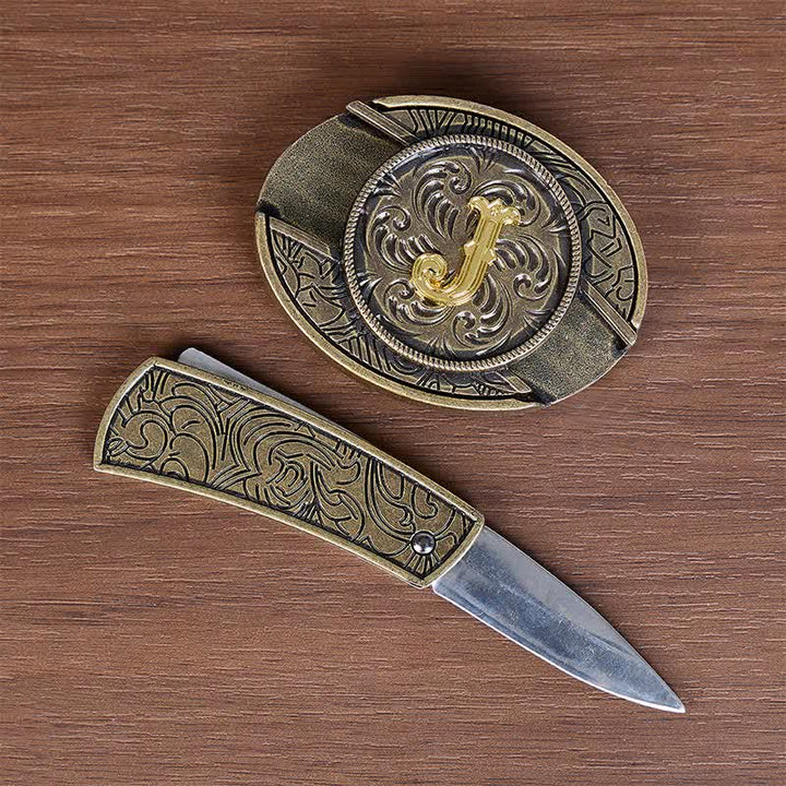 Antique Bronze Initial Letter DIY Hidden Knife Buckle Leather Belt - image 1