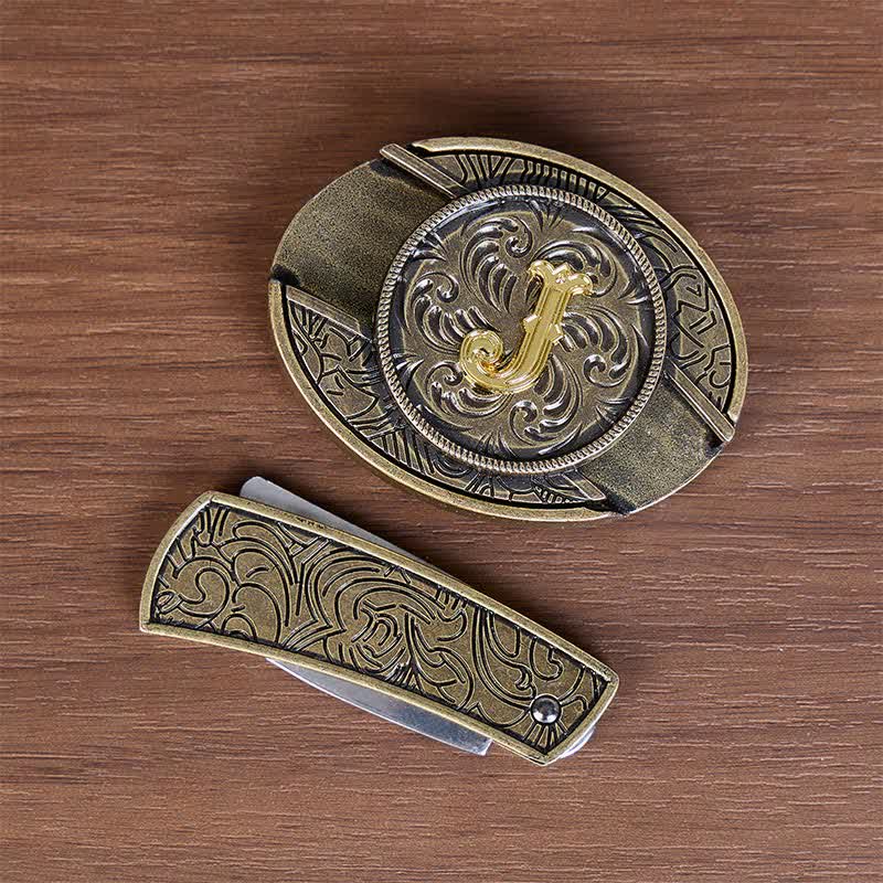 Antique Bronze Initial Letter DIY Hidden Knife Buckle Leather Belt - image 6