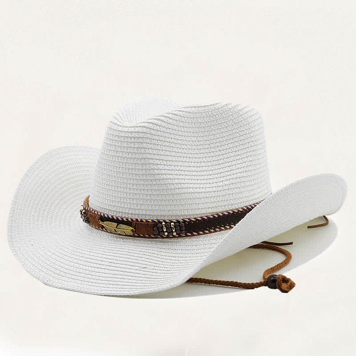 Rustic Tribal Metal Feather Beaded Band Straw Cowboy Hat - White - M (22"-22 7/8") - image 7