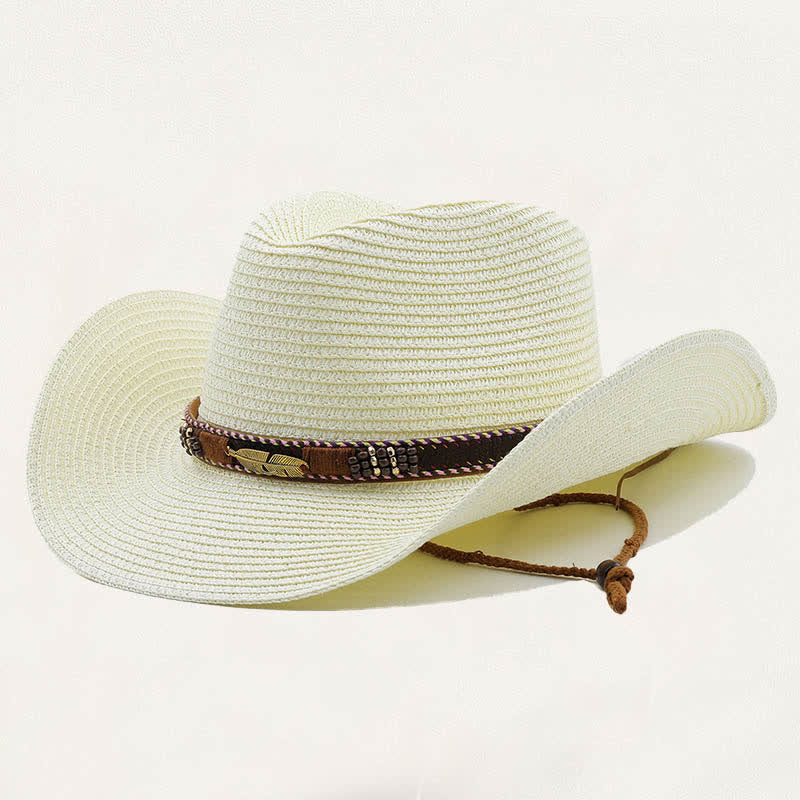 Rustic Tribal Metal Feather Beaded Band Straw Cowboy Hat - Ivory - M (22"-22 7/8") - image 6