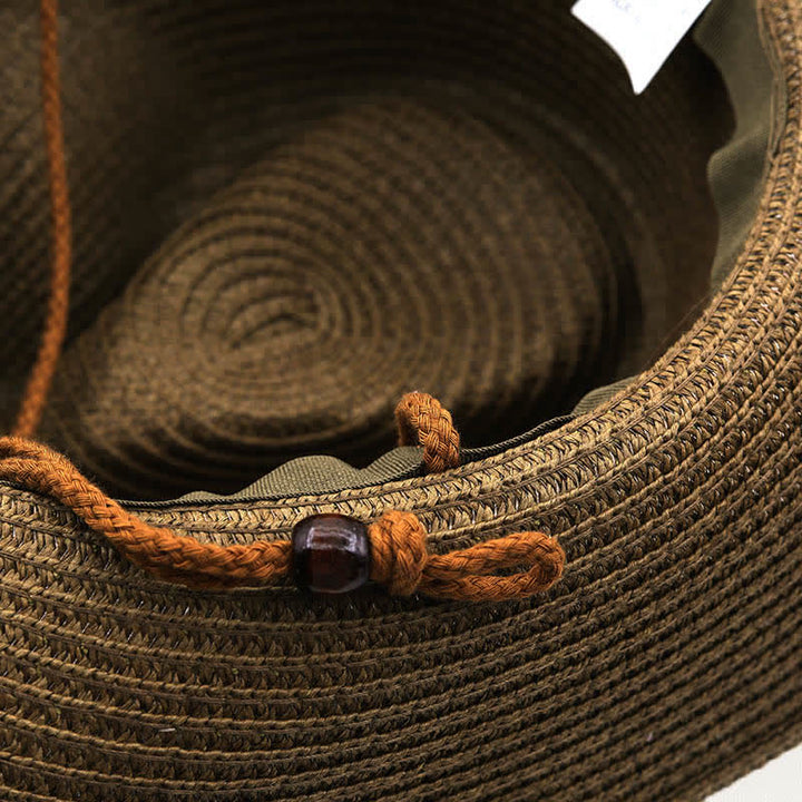 Rustic Tribal Metal Feather Beaded Band Straw Cowboy Hat - image 5