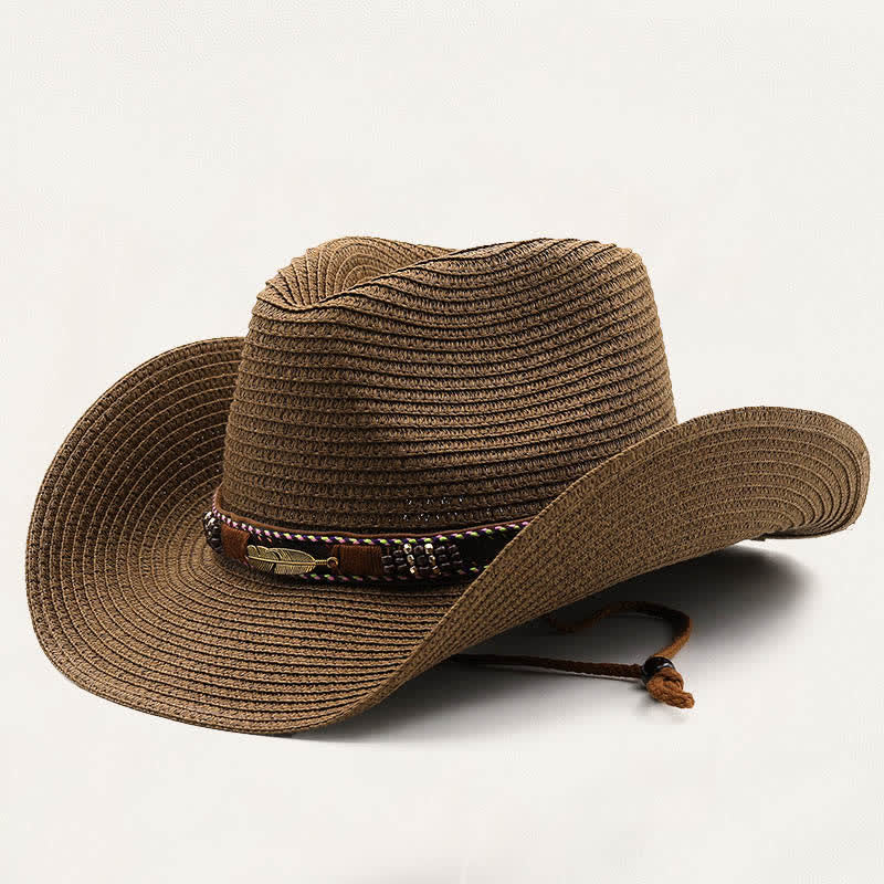 Rustic Tribal Metal Feather Beaded Band Straw Cowboy Hat - Coffee - M (22"-22 7/8") - image 3