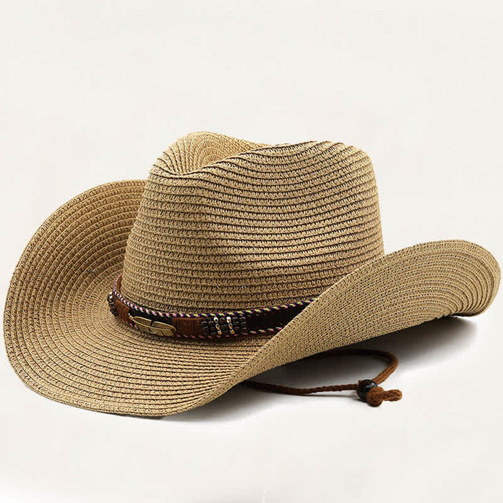 Rustic Tribal Metal Feather Beaded Band Straw Cowboy Hat - Khaki - M (22"-22 7/8") - image 9