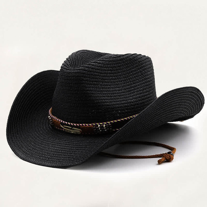 Rustic Tribal Metal Feather Beaded Band Straw Cowboy Hat - Black - M (22"-22 7/8") - image 8