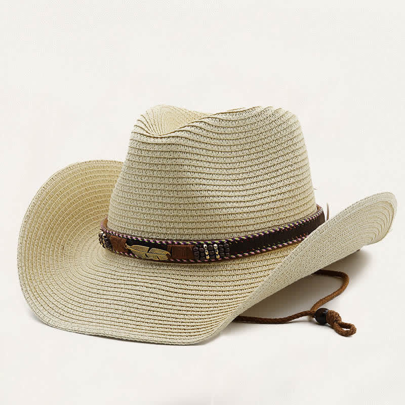 Rustic Tribal Metal Feather Beaded Band Straw Cowboy Hat - Beige - M (22"-22 7/8") - image 0