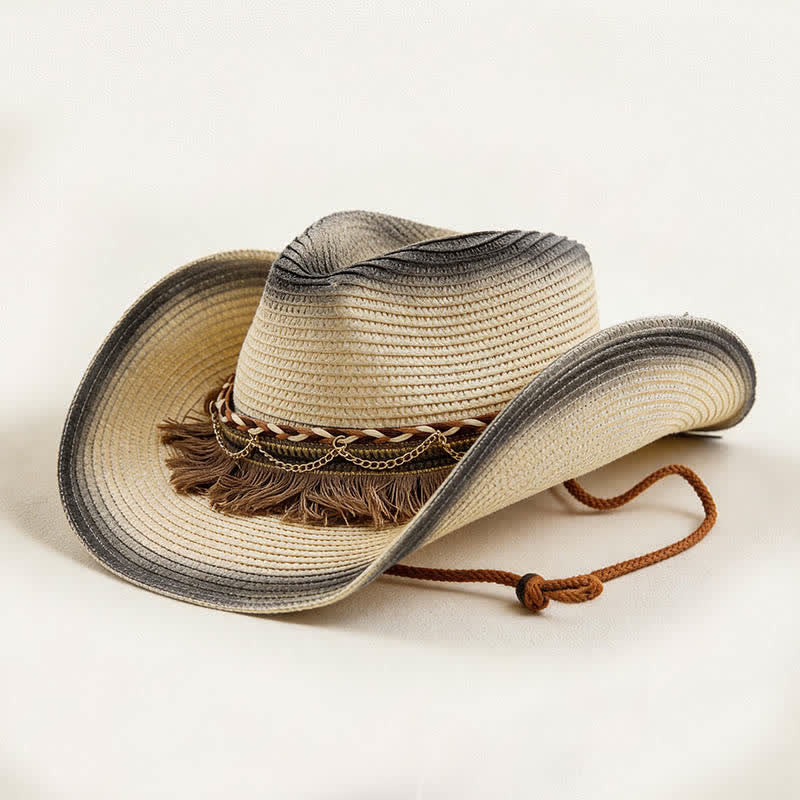 Retro Bohemian Fringe & Chain Band Straw Cowboy Hat - Ivory & Black - M (22"-22 7/8") - image 0