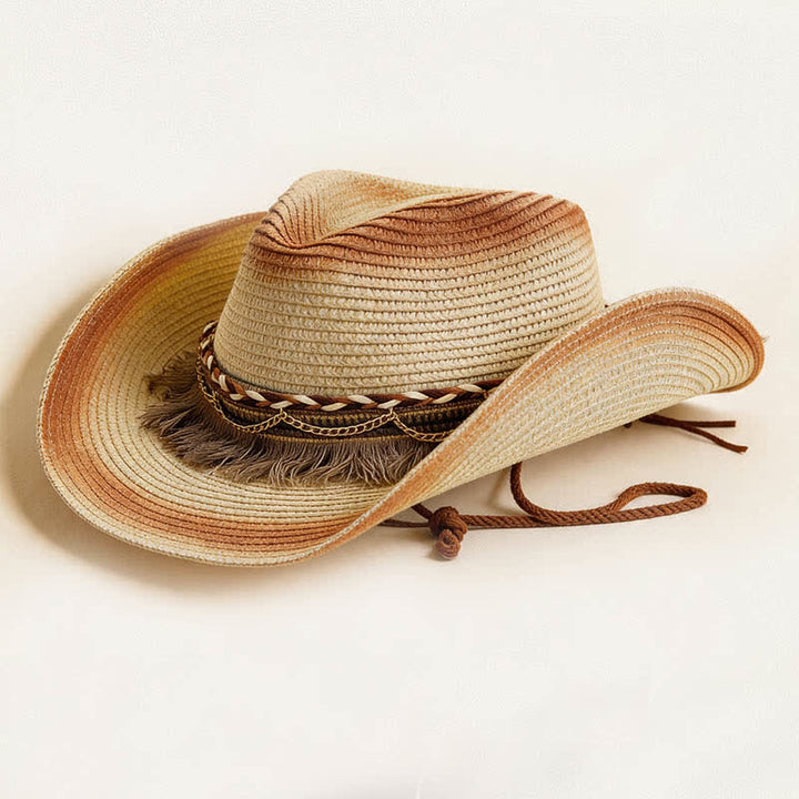 Retro Bohemian Fringe & Chain Band Straw Cowboy Hat - Ivory & Rust Red - M (22"-22 7/8") - image 8