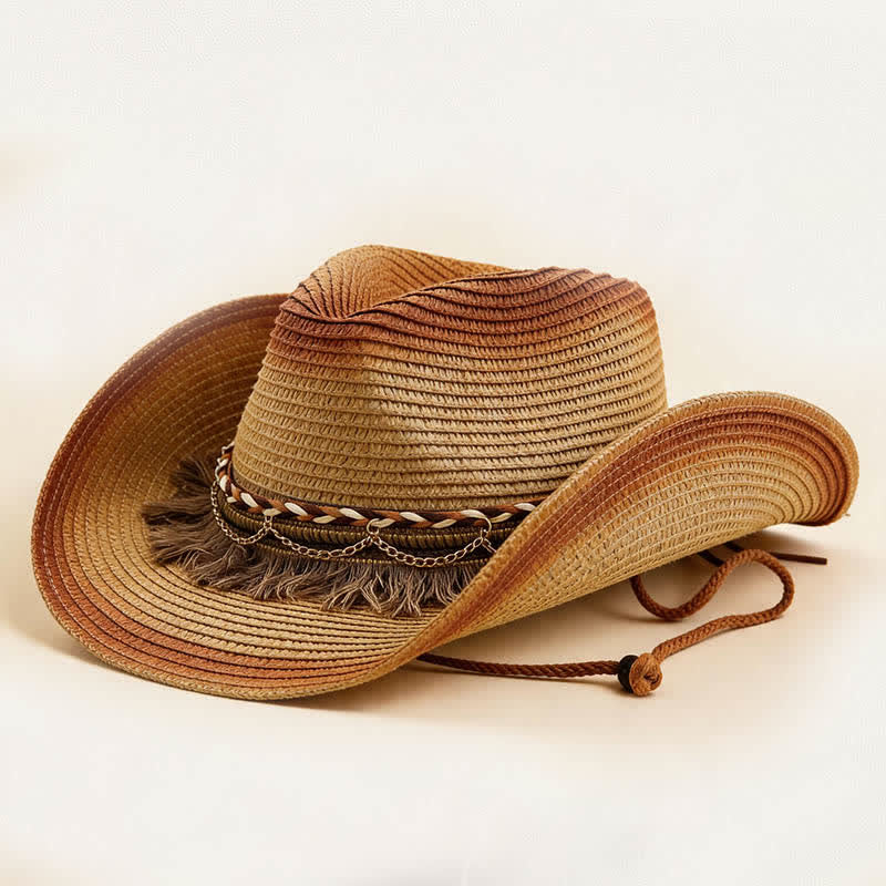 Retro Bohemian Fringe & Chain Band Straw Cowboy Hat - Khaki & Rust Red - M (22"-22 7/8") - image 9