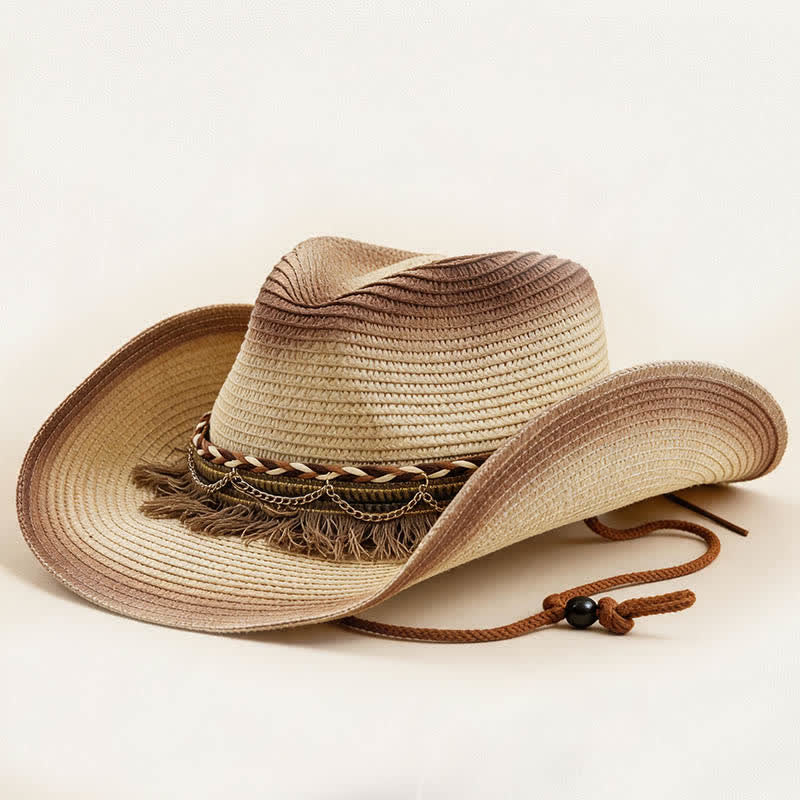 Retro Bohemian Fringe & Chain Band Straw Cowboy Hat - Ivory & Coffee - M (22"-22 7/8") - image 10