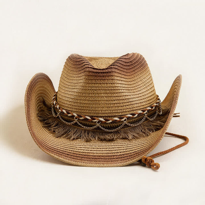Retro Bohemian Fringe & Chain Band Straw Cowboy Hat - image 3