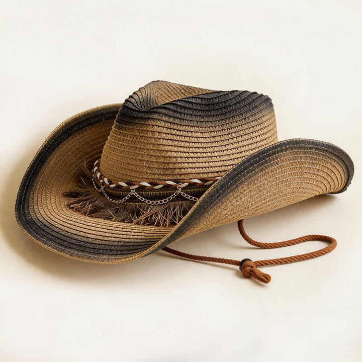 Retro Bohemian Fringe & Chain Band Straw Cowboy Hat - Khaki & Black - M (22"-22 7/8") - image 11