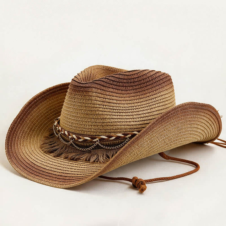Retro Bohemian Fringe & Chain Band Straw Cowboy Hat - Khaki & Coffee - M (22"-22 7/8") - image 2