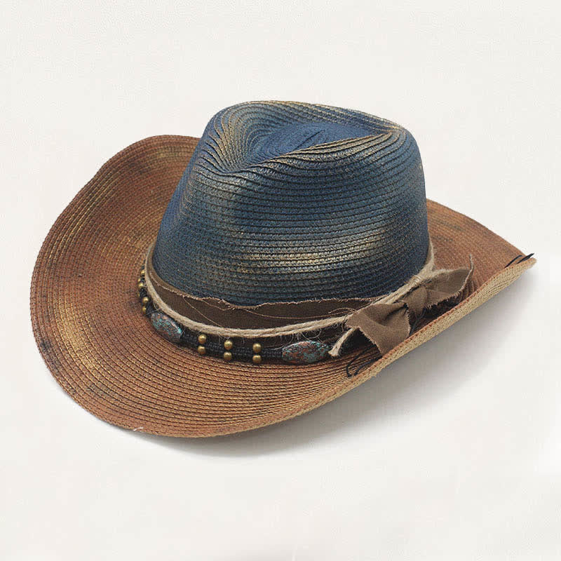Faded Style Rustic Band Detail Distressed Straw Cowboy Hat - Blue & Khaki - M (22"-22 7/8") - image 0