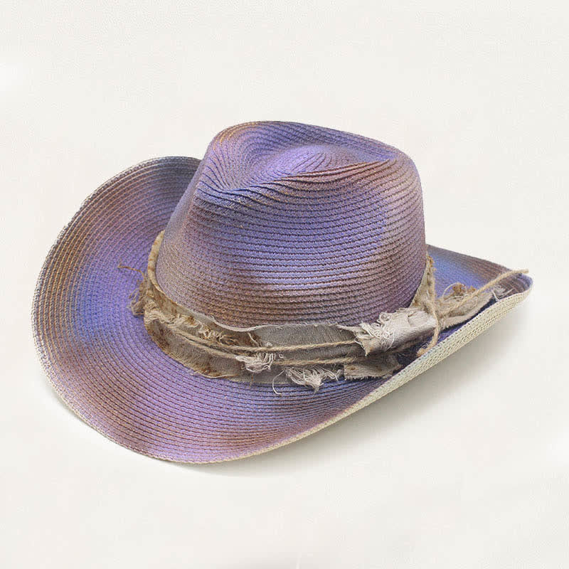 Faded Style Rustic Band Detail Distressed Straw Cowboy Hat - Violet - M (22"-22 7/8") - image 7
