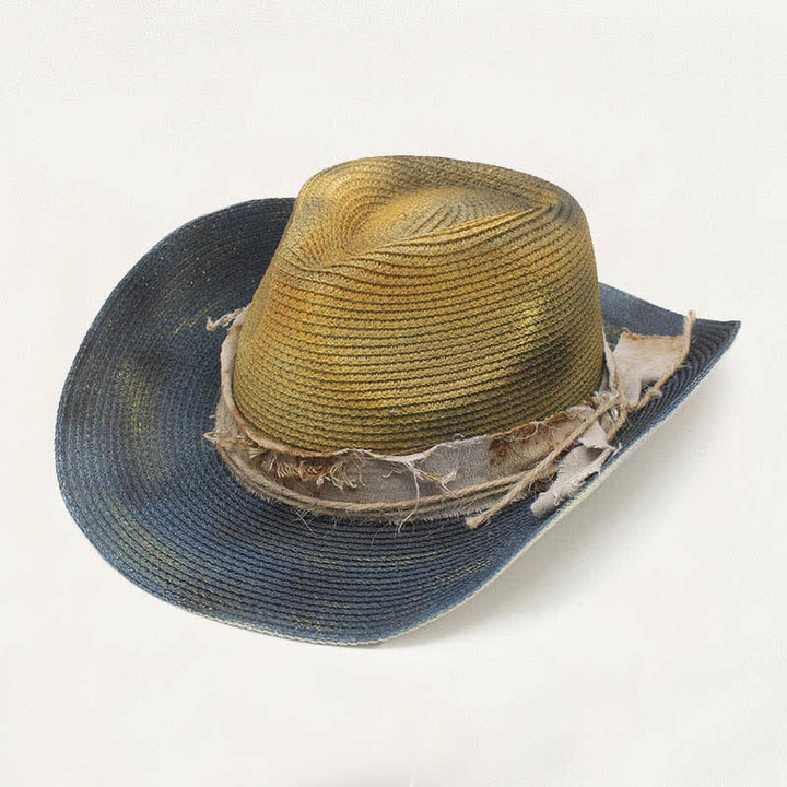 Faded Style Rustic Band Detail Distressed Straw Cowboy Hat - Khaki & Blue - M (22"-22 7/8") - image 5