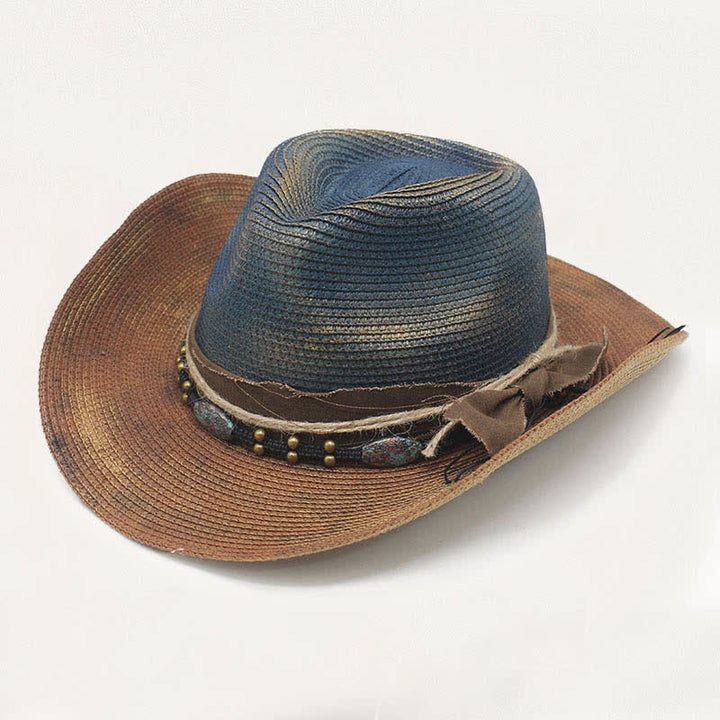 Faded Style Rustic Band Detail Distressed Straw Cowboy Hat - Blue & Khaki - M (22"-22 7/8") - image 0
