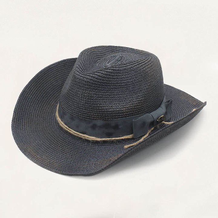 Faded Style Rustic Band Detail Distressed Straw Cowboy Hat - Midnight Blue - M (22"-22 7/8") - image 2